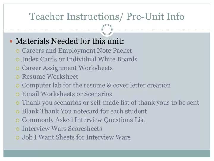 teacher instructions pre unit info