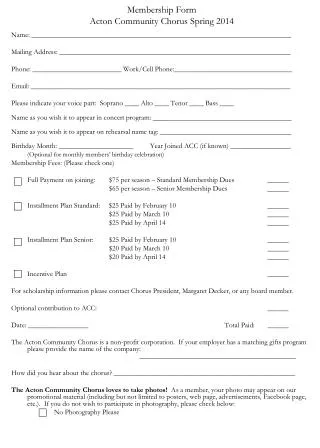 Membership Form Acton Community Chorus Spring 2014