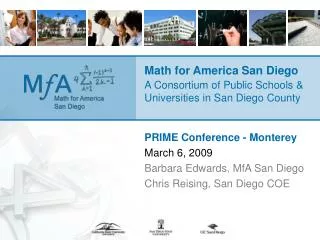 Math for America San Diego A Consortium of Public Schools &amp; Universities in San Diego County