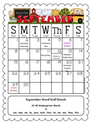 September Word Wall Words All 40 Kindergarten Words &amp; can, man, am, by, your, wish, that, be, me, see, they, this