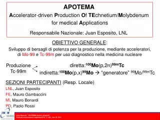 APOTEMA A ccelerator-driven P roduction O f TE chnetium/ M olybdenum for medical A pplications Responsabile Naziona