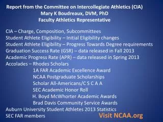 Report from the Committee on Intercollegiate Athletics (CIA) Mary K Boudreaux, DVM, PhD Faculty Athletics Representative