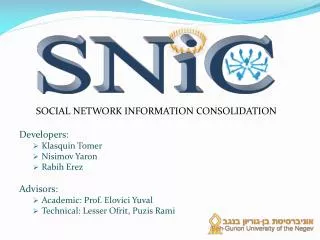 Social Network Information Consolidation Developers: Klasquin Tomer Nisimov Yaron Rabih Erez Advisors: Academic: Prof.