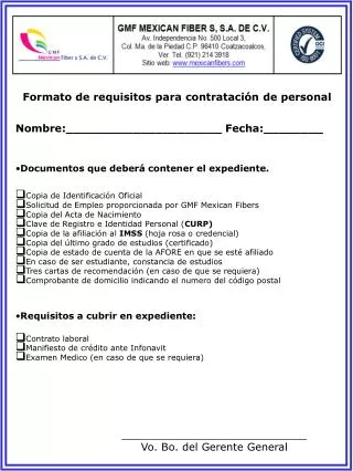 Formato de requisitos para contratación de personal Nombre:_____________________ Fecha:________ Documentos que deberá