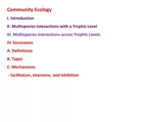 Community Ecology I. Introduction II. Multispecies Interactions with a Trophic Level III. Multispecies Interactions acro