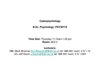Cyberpsychology B.Sc. Psychology: PSY30116 Time Slot: Thursday 11:15am-1.05 pm Room: 6E2.2 Lecturers: