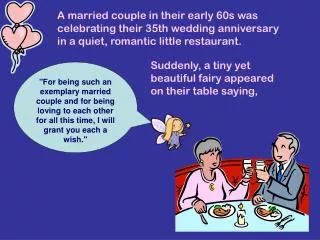 A married couple in their early 60s was celebrating their 35th wedding anniversary in a quiet, romantic little restauran