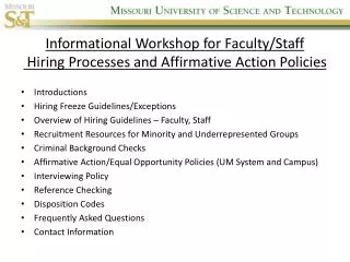 Informational Workshop for Faculty/Staff Hiring Processes and Affirmative Action Policies