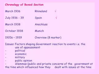 Chronology of Boxed Section March 1936		Rhineland	 ? July 1936 - 39 		Spain		 ? March 1938		Anschluss October 1938		Mun