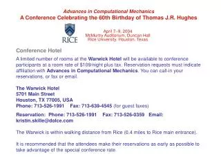 Advances in Computational Mechanics A Conference Celebrating the 60th Birthday of Thomas J.R. Hughes