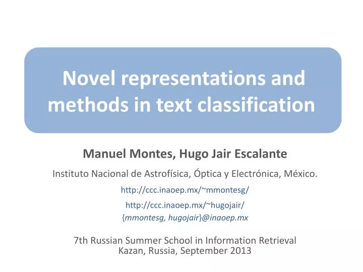 novel representations and methods in text classification