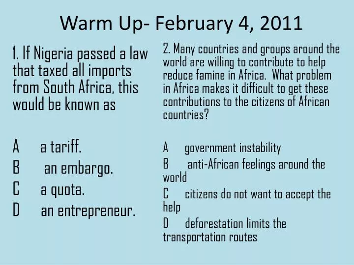 warm up february 4 2011