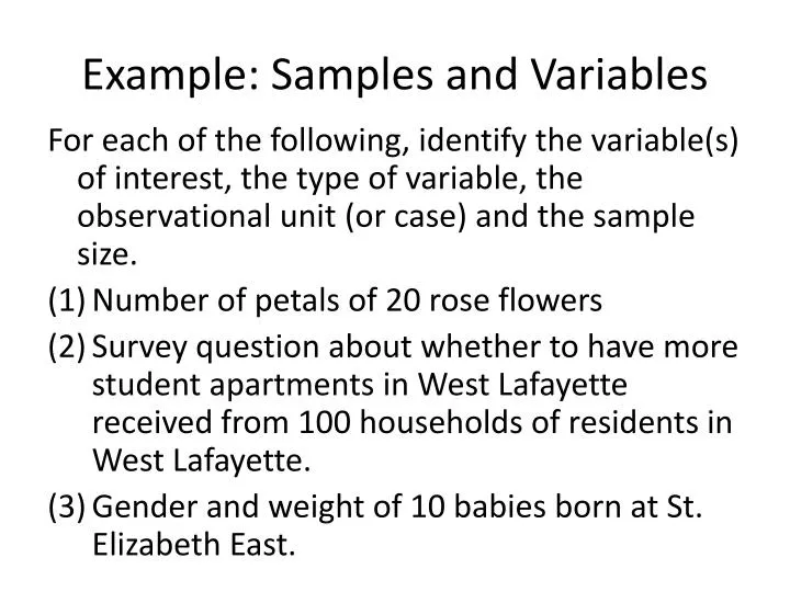 example samples and variables
