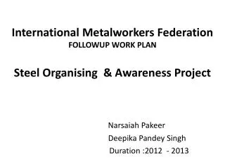 International Metalworkers Federation FOLLOWUP WORK PLAN Steel Organising &amp; Awareness Project