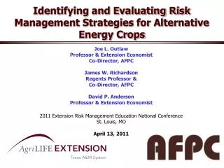 Identifying and Evaluating Risk Management Strategies for Alternative Energy Crops