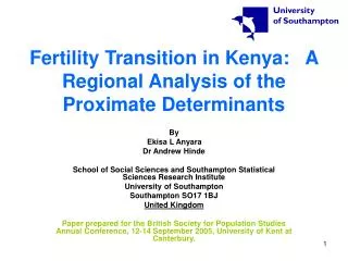 Fertility Transition in Kenya: A Regional Analysis of the Proximate Determinants