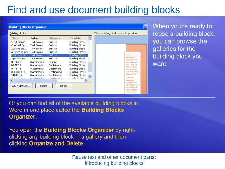 find and use document building blocks