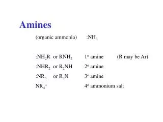 Amines (organic ammonia) :NH 3 	:NH 2 R	 or RNH 2 	1 o amine	(R may be Ar) 	:NHR 2 	 or R 2 NH 2 o amine 	:NR 3