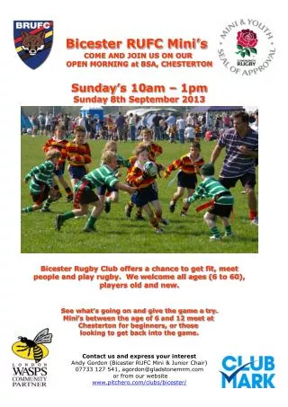 Bicester RUFC Mini’s COME AND JOIN US ON OUR OPEN MORNING at BSA, CHESTERTON Sunday’s 10am – 1pm Sunday 8th September 2