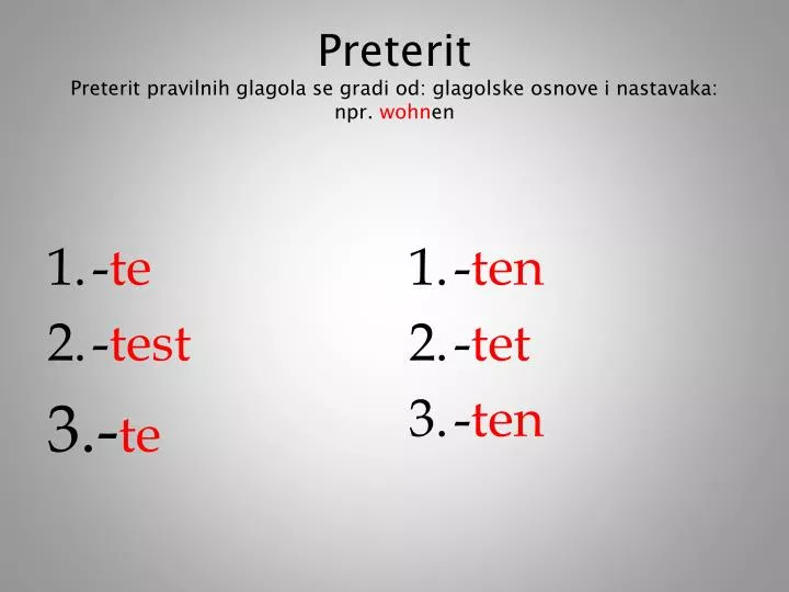preterit preterit pravilnih glagola se gradi od glagolske osnove i nastavaka npr wohn en