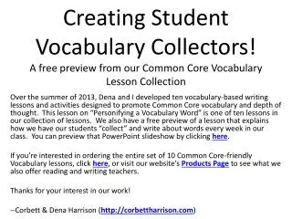 Creating Student Vocabulary Collectors! A free preview from our Common Core Vocabulary Lesson Collection
