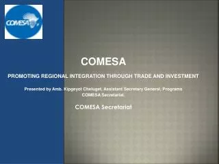 COMESA PROMOTING REGIONAL INTEGRATION THROUGH TRADE AND INVESTMENT Presented by Amb. Kipgeyot Cheluget , Assistant Secr