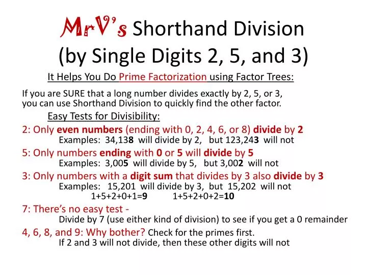 mrv s shorthand division by single digits 2 5 and 3