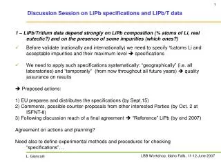 Discussion Session on LiPb specifications and LiPb/T data