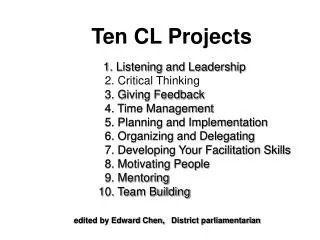 Ten CL Projects 1. Listening and Leadership 2. Critical Thinking 3. Giving Feedback 4. Time Managemen
