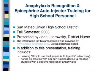 Anaphylaxis Recognition &amp; Epinephrine Auto-Injector Training for High School Personnel
