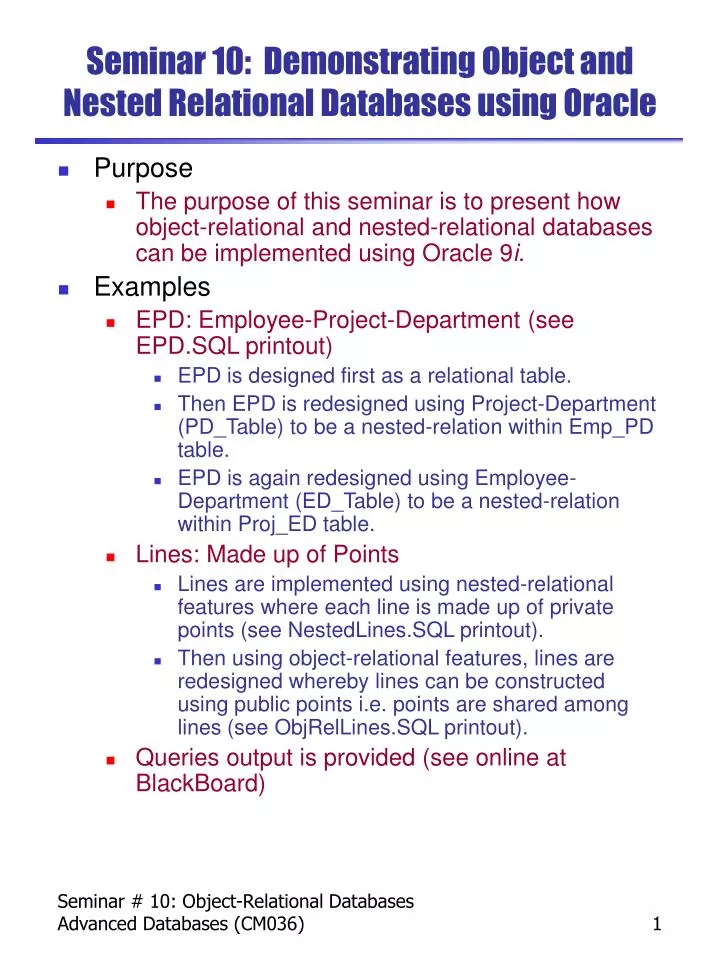 seminar 10 demonstrating object and nested relational databases using oracle