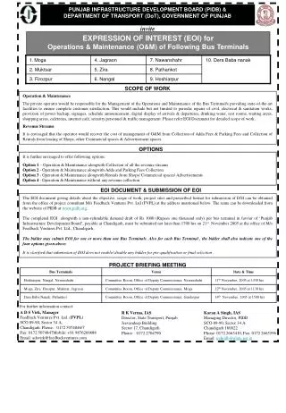 PUNJAB INFRASTRUCTURE DEVELOPMENT BOARD (PIDB) &amp; DEPARTMENT OF TRANSPORT (DoT), GOVERNMENT OF PUNJAB