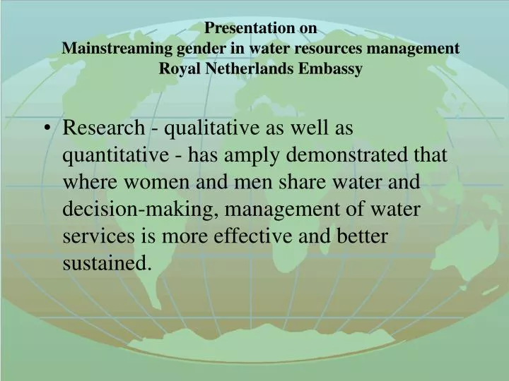 presentation on mainstreaming gender in water resources management royal netherlands embassy