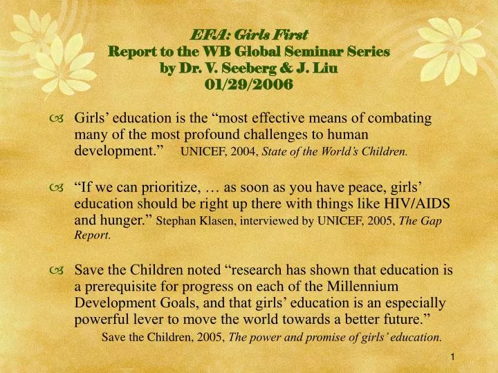 efa girls first report to the wb global seminar series by dr v seeberg j liu 01 29 2006