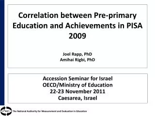 Correlation between Pre-primary Education and Achievements in PISA 2009 Joel Rapp, PhD Amihai Rigbi , PhD