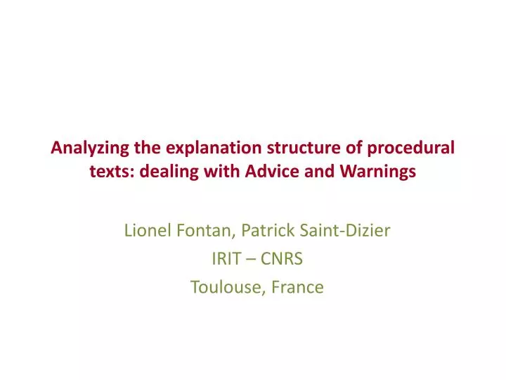 analyzing the explanation structure of procedural texts dealing with advice and warnings
