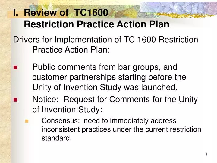 i review of tc1600 restriction practice action plan