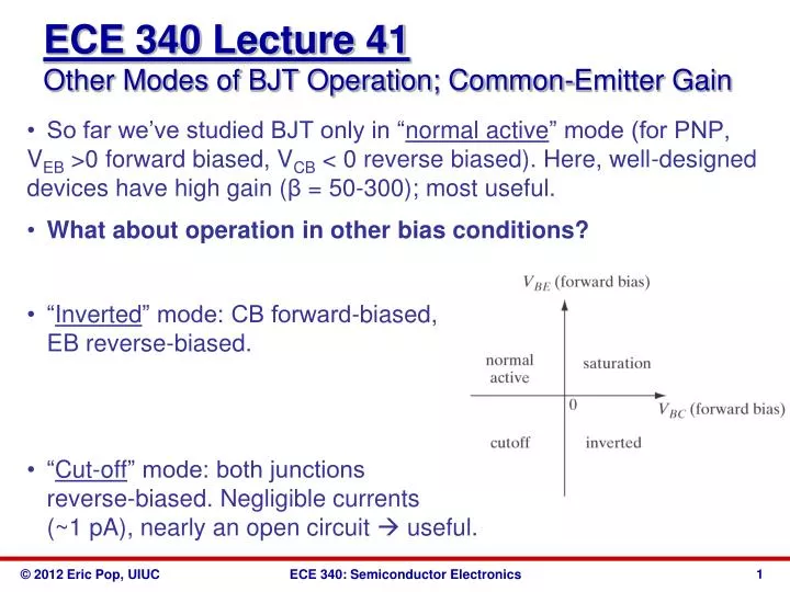 ece 340 lecture 41 other modes of bjt operation common emitter gain