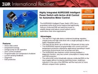 Highly Integrated AUIR3330S Intelligent Power Switch with Active di/dt Control for Automotive Motor Control