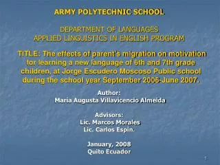 ARMY POLYTECHNIC SCHOOL DEPARTMENT OF LANGUAGES APPLIED LINGUISTICS IN ENGLISH PROGRAM