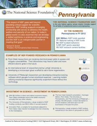BY THE NUMBERS Pennsylvania in FY 2012 $261 Million: NSF funds awarded 7 th : National ranking in NSF funds 82: