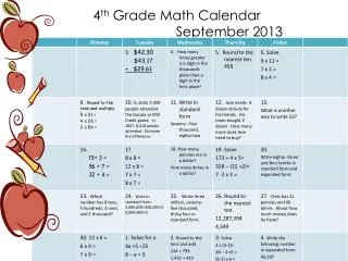 4 th Grade Math Calendar September 2013
