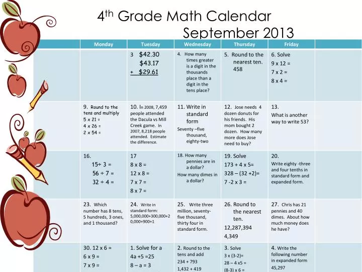 4 th grade math calendar september 2013