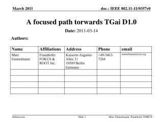 A focused path torwards TGai D1.0