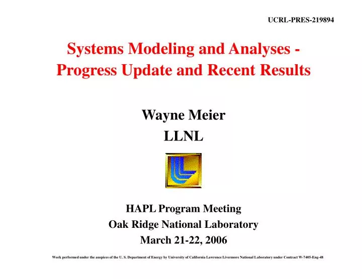 systems modeling and analyses progress update and recent results