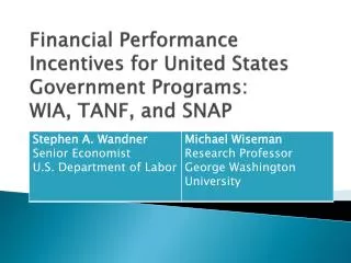Financial Performance Incentives for United States Government Programs: WIA, TANF, and SNAP