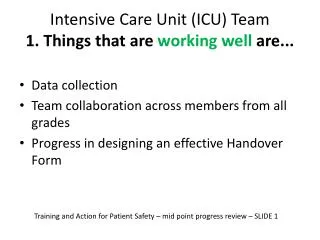 Intensive Care Unit (ICU) Team 1. Things that are working well are...