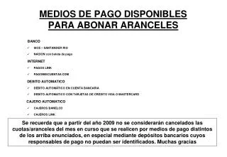 medios de pago disponibles para abonar aranceles