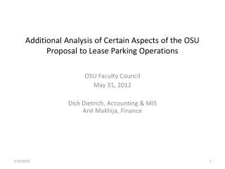 Additional Analysis of Certain Aspects of the OSU Proposal to Lease Parking Operations