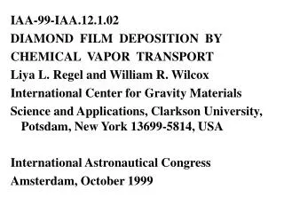 IAA-99-IAA.12.1.02 DIAMOND FILM DEPOSITION BY CHEMICAL VAPOR TRANSPORT